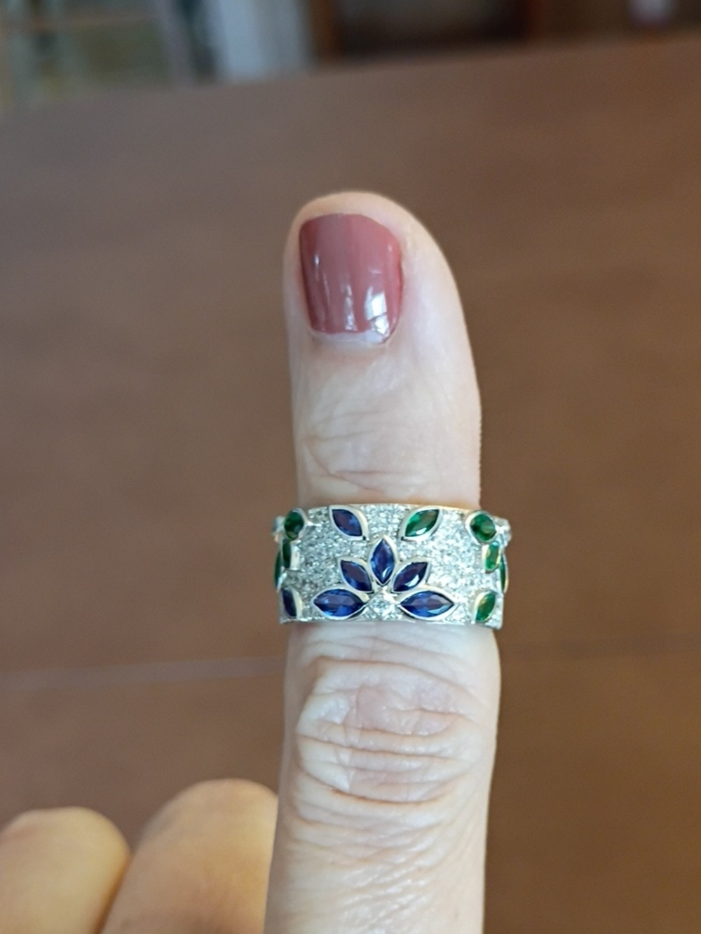 Sterling Silver Band Ring with Blue and Green Gem Accents, 7